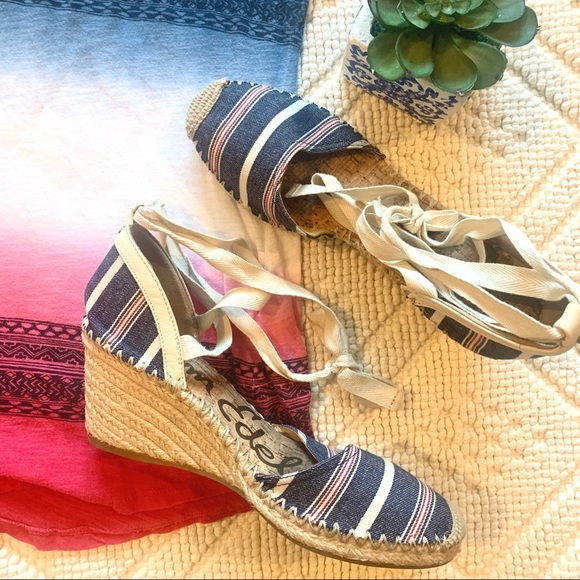 Sam Edelman Espadrille Blue and Red Striped Wedge Sandals - Picture 2 of 10